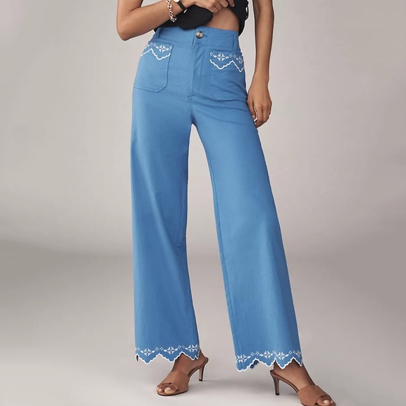 NWT Anthropologie The Colette Lace Trim Full-Length Wide-Leg Pants Blue Size 31